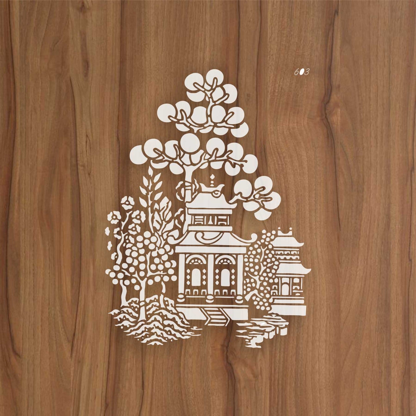 Oriental Pagoda Garden Stencil for Wall, Fabric & Furniture Painting – Asian Temple Design – ID# 603