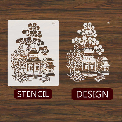 Oriental Pagoda Garden Stencil for Wall, Fabric & Furniture Painting – Asian Temple Design – ID# 603