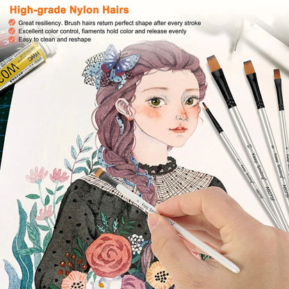 12Pcs- Original Artist Paint Brush Set Nylon Bristles Brushes for Watercolor Acrylic Oil Painting