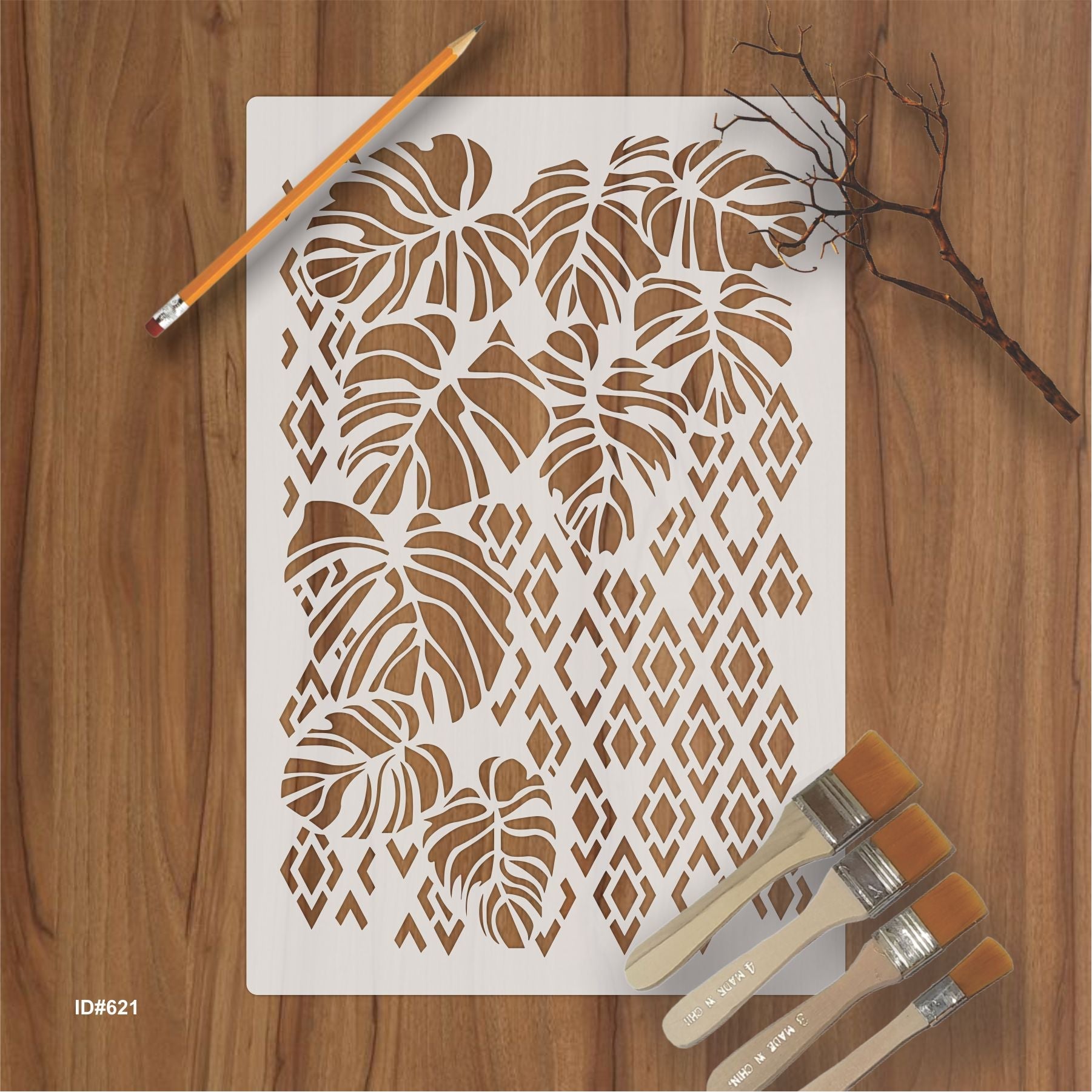 Monstera Leaf and Geometric Pattern Stencil Painting Scrapbook Coloring Embossing Album Decor Template