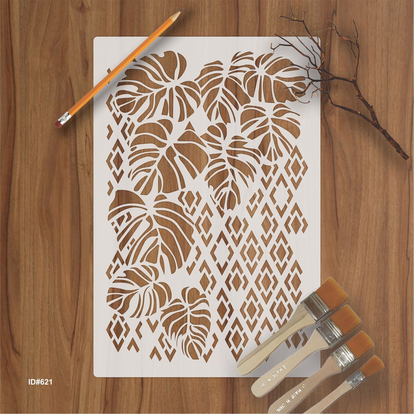 Monstera Leaf Diamond Mesh Stencil for Walls, Furniture & Fabric – Tropical Botanical Pattern – ID#621