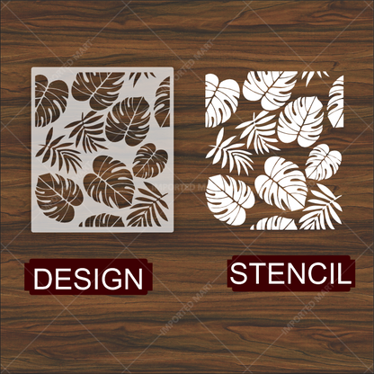 Tropical Leaf Cluster Stencil for Wall, Furniture & Fabric Art – Monstera & Palm Design – ID# 649