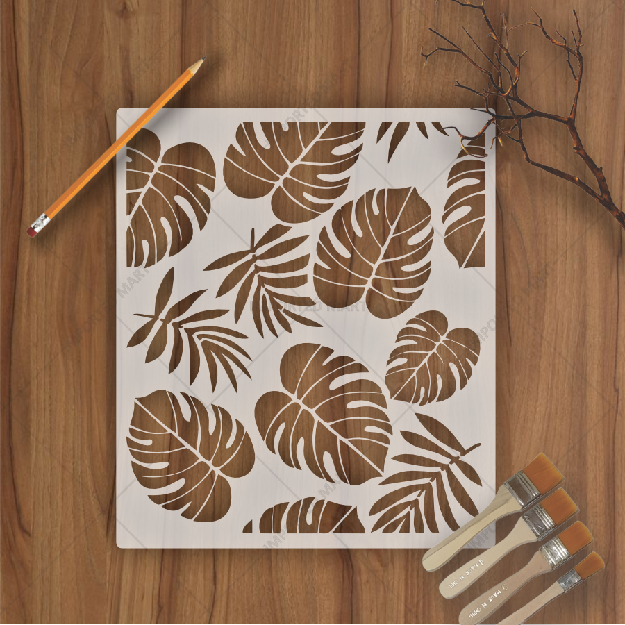 Tropical Leaf Cluster Stencil for Wall, Furniture & Fabric Art – Monstera & Palm Design – ID# 649