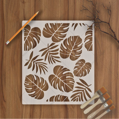 Tropical Leaf Cluster Stencil for Wall, Furniture & Fabric Art – Monstera & Palm Design – ID# 649