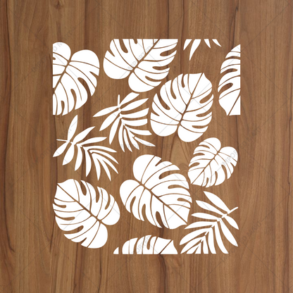 Tropical Leaf Cluster Stencil for Wall, Furniture & Fabric Art – Monstera & Palm Design – ID# 649
