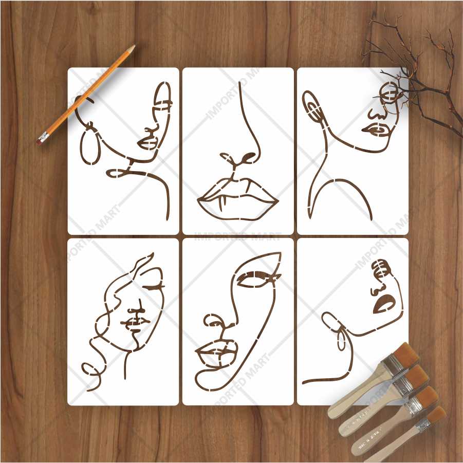 Abstract Face Stencil Bundle for Walls, Canvas & Furniture – Line Art Faces Pack – ID# 655