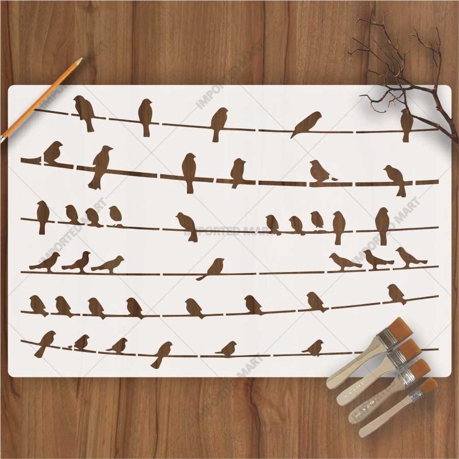 Birds Sitting Stencil for Wall, Wood & Fabric Art – Flying Bird Line Design – ID# 658