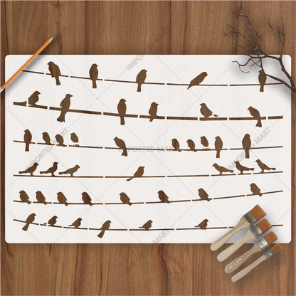 Birds Sitting Stencil for Wall, Wood & Fabric Art – Flying Bird Line Design – ID# 658