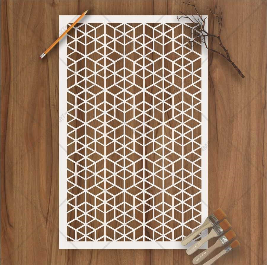 Geometric Cube Pattern Stencil for Wall, Floor & Wood Art – 3D Illusion Design – ID# 161