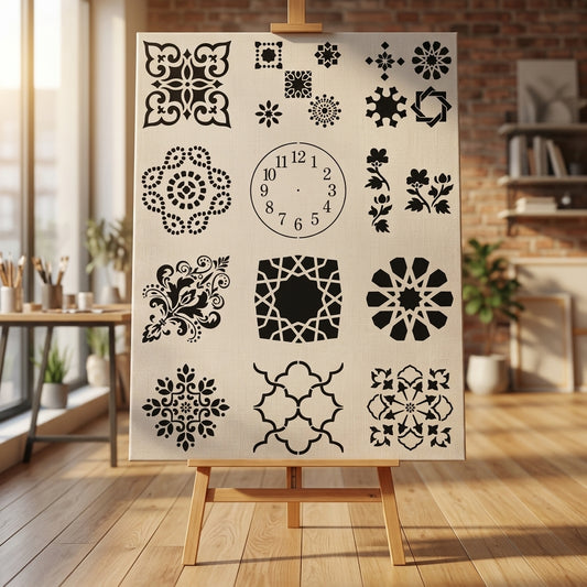 Vintage Tile & Floral Pattern Stencil Pack of 15 for Wall, Floor, Furniture & Fabric Art – Mixed Moroccan & Clock Designs – ID# 674