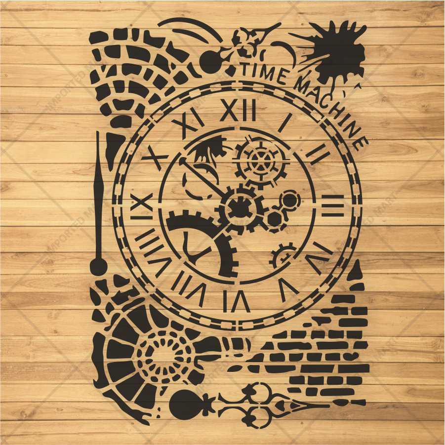 Time Machine Clock Stencil for Wall, Wood & Furniture – Steampunk Gear Design – ID# 675