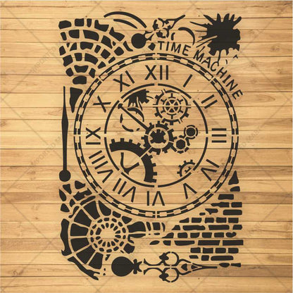 Time Machine Clock Stencil for Wall, Wood & Furniture – Steampunk Gear Design – ID# 675