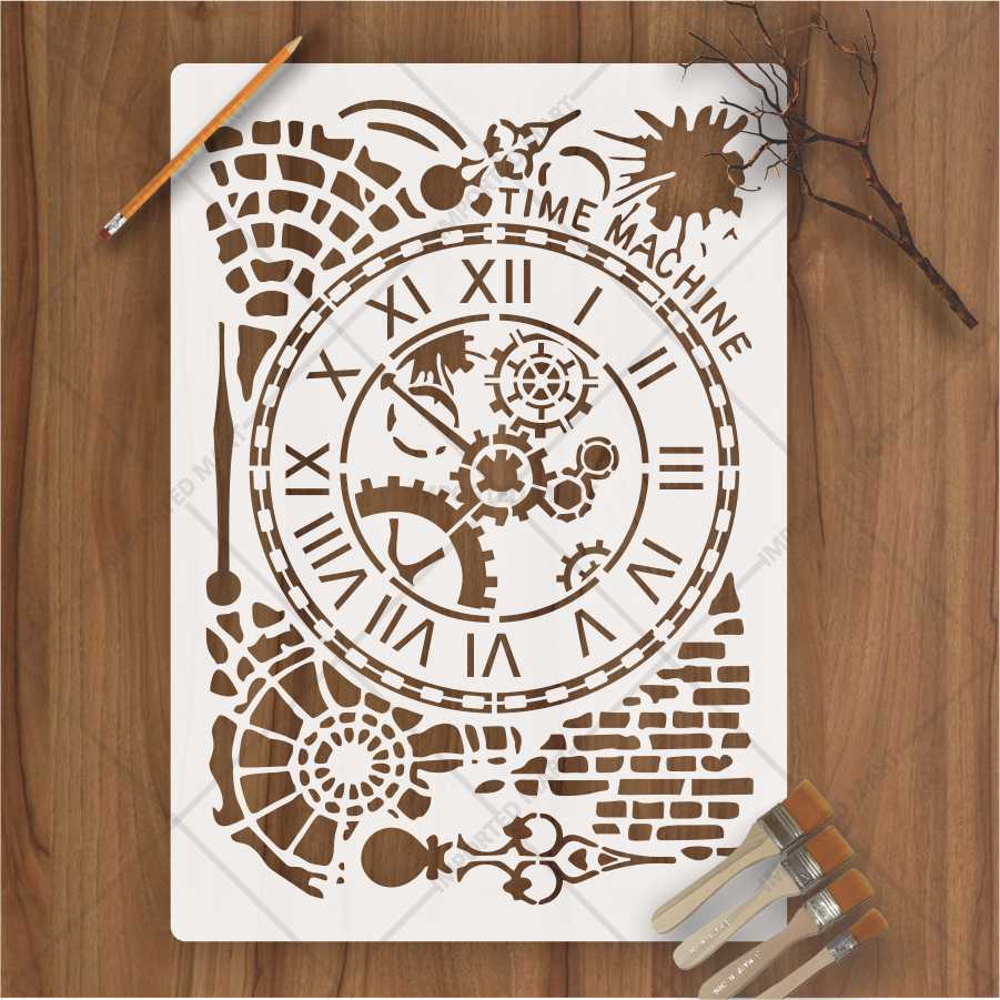 Time Machine Clock Stencil for Wall, Wood & Furniture – Steampunk Gear Design – ID# 675