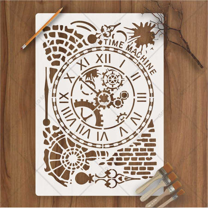 Time Machine Clock Stencil for Wall, Wood & Furniture – Steampunk Gear Design – ID# 675