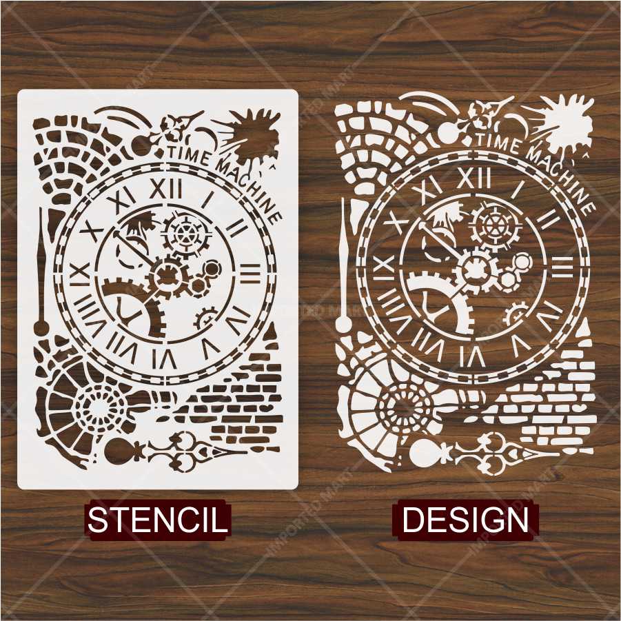 Time Machine Clock Stencil for Wall, Wood & Furniture – Steampunk Gear Design – ID# 675