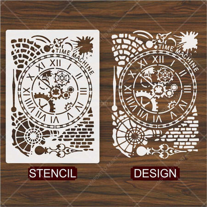 Time Machine Clock Stencil for Wall, Wood & Furniture – Steampunk Gear Design – ID# 675