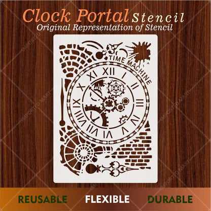 Time Machine Clock Stencil for Wall, Wood & Furniture – Steampunk Gear Design – ID# 675