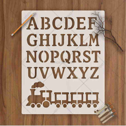 Alphabet Letters & Train Stencil for Wall, Wood & Nursery Art – A-Z Learning Stencil Design – ID# 111
