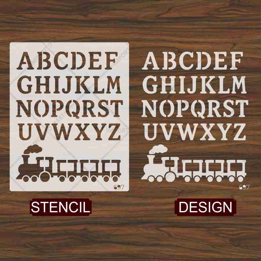 Alphabet Letters & Train Stencil for Wall, Wood & Nursery Art – A-Z Learning Stencil Design – ID# 111