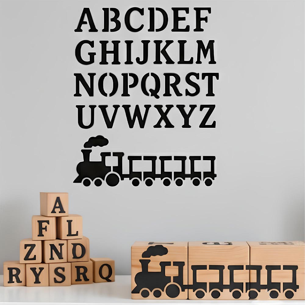 Alphabet Letters & Train Stencil for Wall, Wood & Nursery Art – A-Z Learning Stencil Design – ID# 111