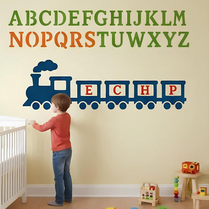 Alphabet Letters & Train Stencil for Wall, Wood & Nursery Art – A-Z Learning Stencil Design – ID# 111