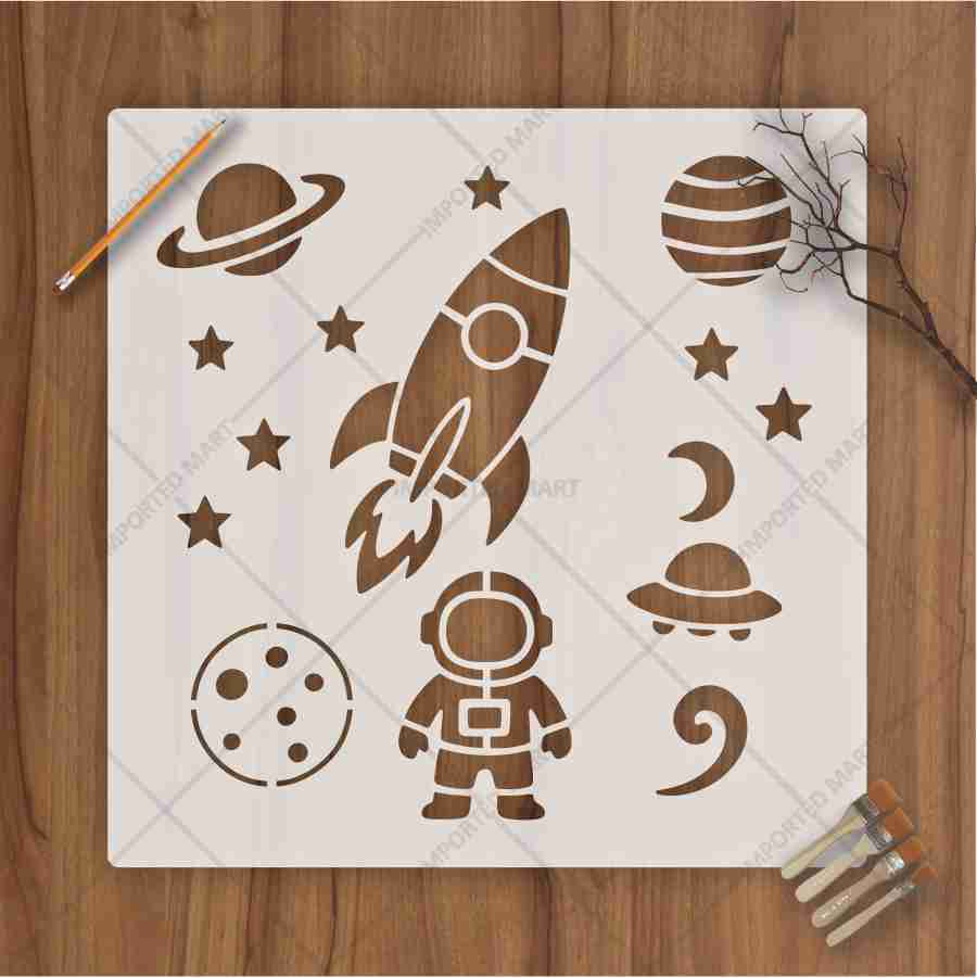 Space Exploration Stencil Bundle for Kids Room Wall, Wood & Fabric Art – Rocket Astronaut Planet Design – ID# 110