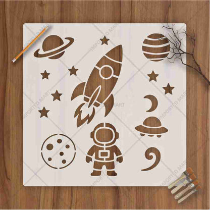 Space Exploration Stencil Bundle for Kids Room Wall, Wood & Fabric Art – Rocket Astronaut Planet Design – ID# 110
