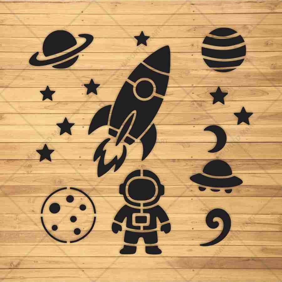 Space Exploration Stencil Bundle for Kids Room Wall, Wood & Fabric Art – Rocket Astronaut Planet Design – ID# 110