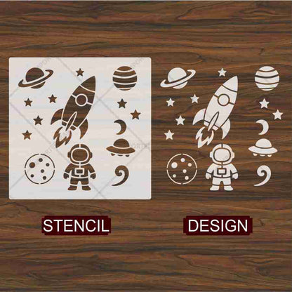 Space Exploration Stencil Bundle for Kids Room Wall, Wood & Fabric Art – Rocket Astronaut Planet Design – ID# 110