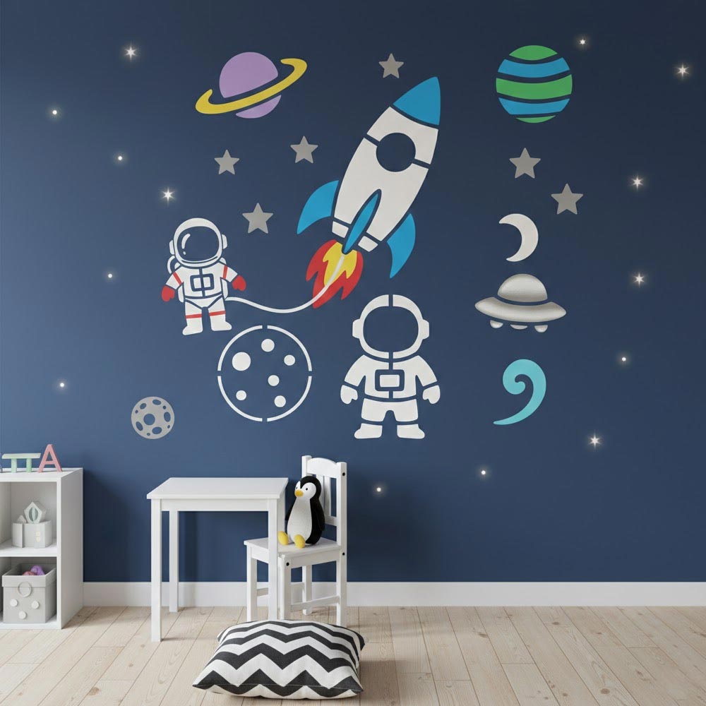 Space Exploration Stencil Bundle for Kids Room Wall, Wood & Fabric Art – Rocket Astronaut Planet Design – ID# 110