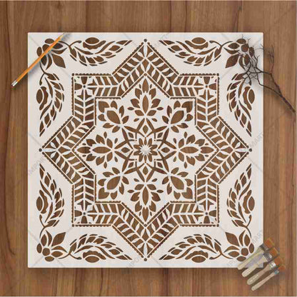 Floral Geometric Mandala Stencil for Wall, Floor & Furniture Art – Indian Folk Pattern Design – ID# 700