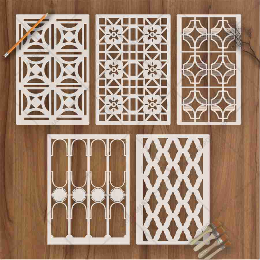 Classic Geometric Panel Pattern Stencil Pack of 5 – Wall, Furniture & Floor Art Decor – Reusable Mylar DIY Home Decor – Stenve ID-705