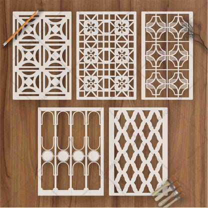 Classic Geometric Panel Pattern Stencil Pack of 5 – Wall, Furniture & Floor Art Decor – Reusable Mylar DIY Home Decor – Stenve ID-705