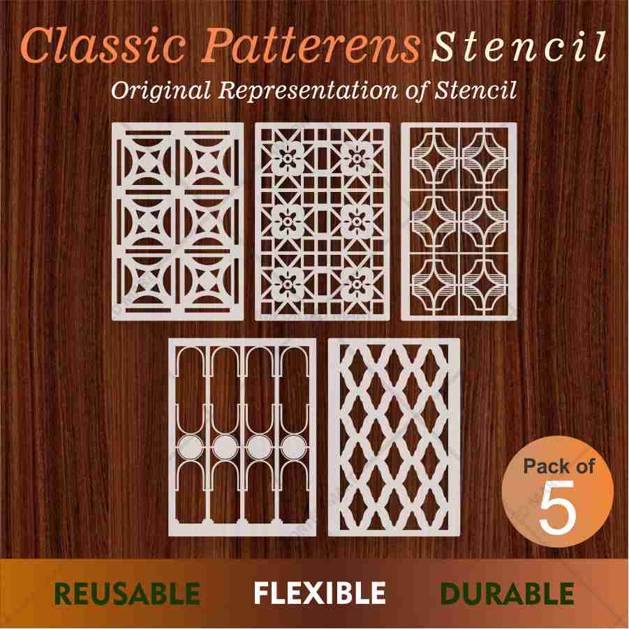 Classic Geometric Panel Pattern Stencil Pack of 5 – Wall, Furniture & Floor Art Decor – Reusable Mylar DIY Home Decor – Stenve ID-705