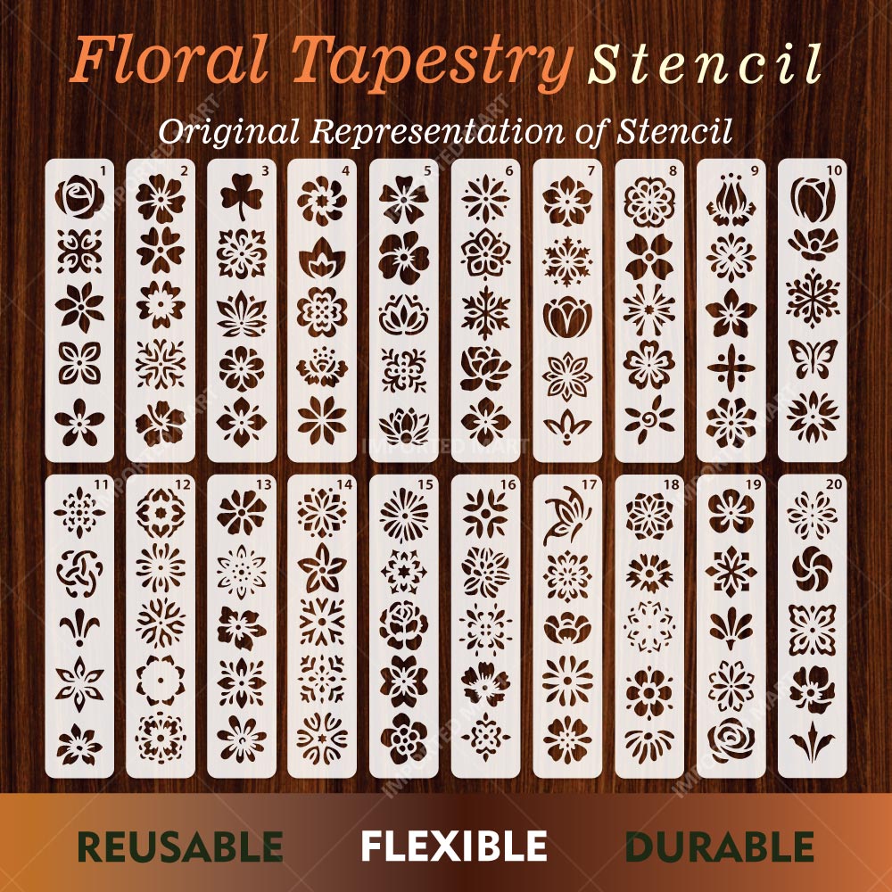 Floral Tapestry Border Stencil Pack for Scrapbook, Canvas & Craft Art – Decorative Flower Strip Patterns– ID# 714