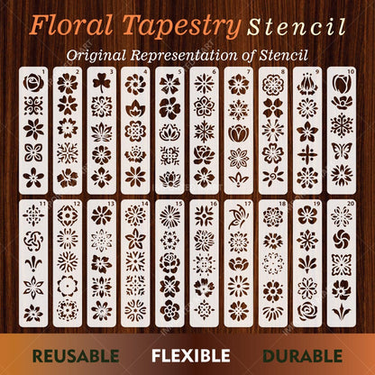 Floral Tapestry Border Stencil Pack for Scrapbook, Canvas & Craft Art – Decorative Flower Strip Patterns– ID# 714
