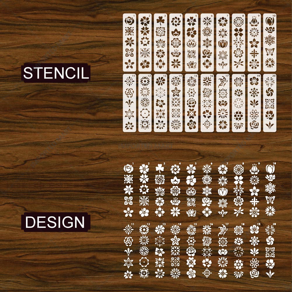 Floral Tapestry Border Stencil Pack for Scrapbook, Canvas & Craft Art – Decorative Flower Strip Patterns– ID# 714
