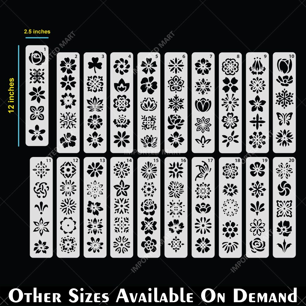 Floral Tapestry Border Stencil Pack for Scrapbook, Canvas & Craft Art – Decorative Flower Strip Patterns– ID# 714