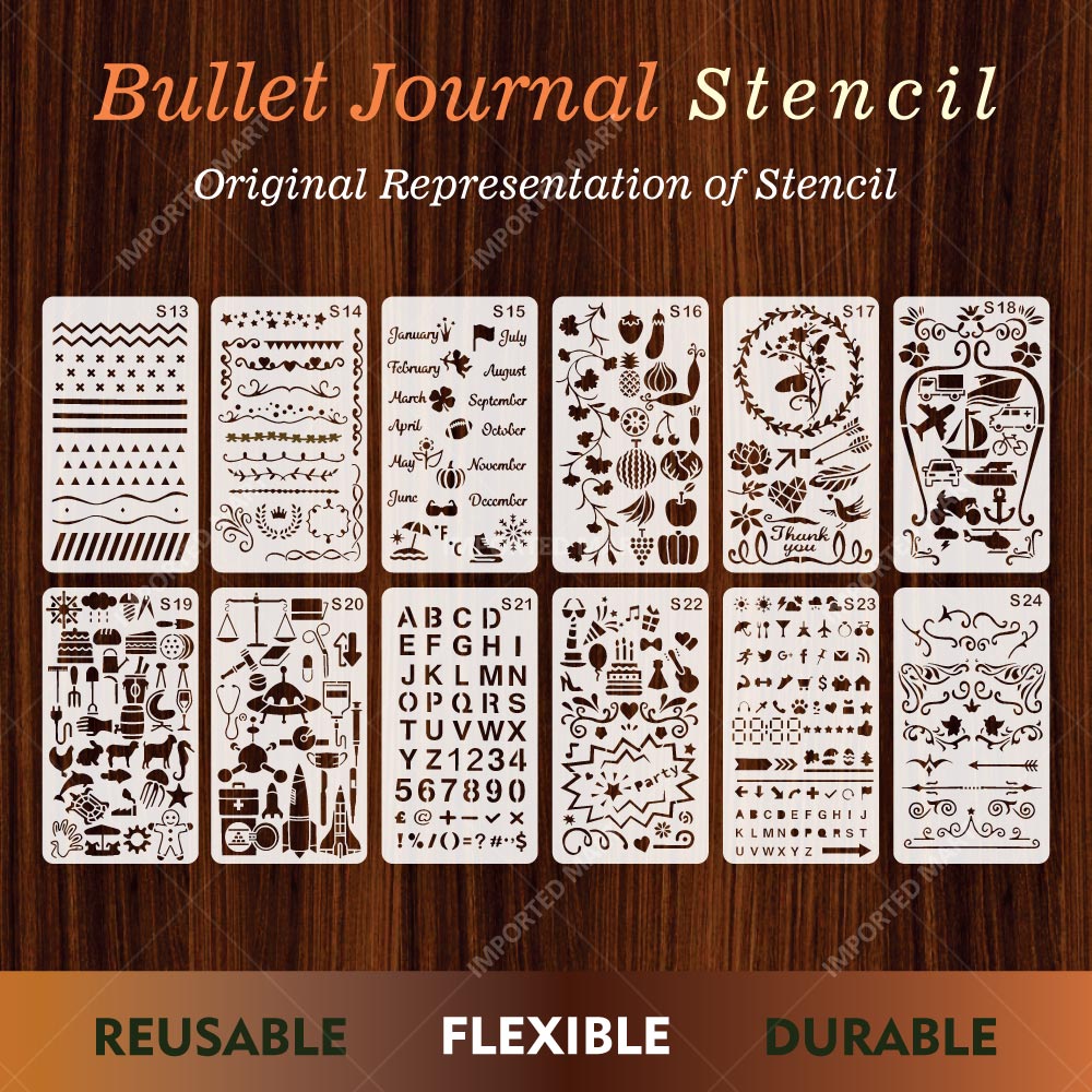 Bullet Journal Stencils Pack for Scrapbooking , Kids notebook and Bullet Journal – Decorative Symbols Design – ID# 715B