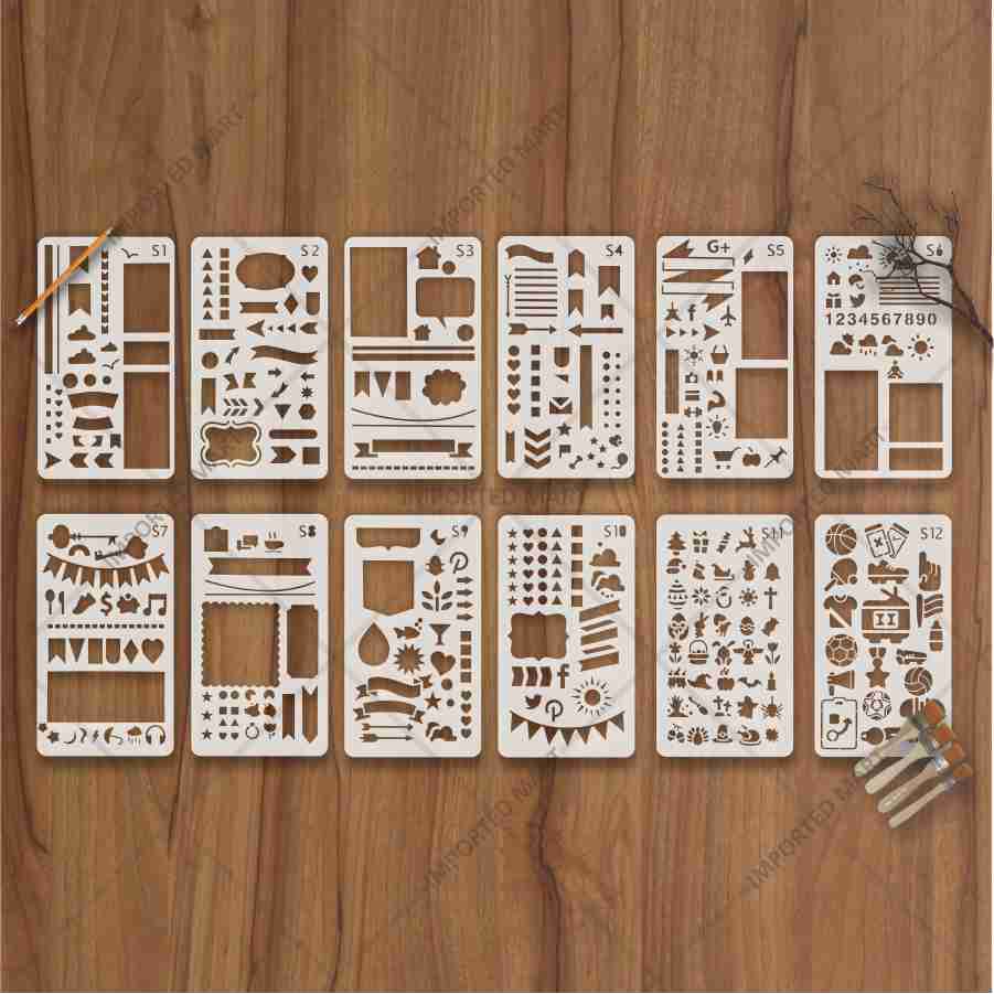 Bullet Journal Stencils Pack for Scrapbooking , Kids notebook and Bullet Journal – Decorative Symbols Design – ID# 715A