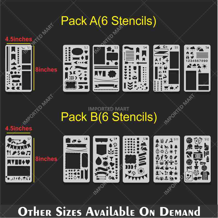 Bullet Journal Stencils Pack for Scrapbooking , Kids notebook and Bullet Journal – Decorative Symbols Design – ID# 715A