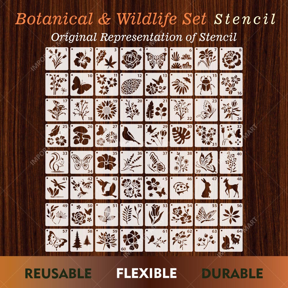 Pack of 64- Mini Floral & Nature Stencil Pack Bundle for Wall, Wood, Fabric & Craft Art – Botanical Multi Design Set – ID# 716