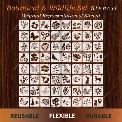 Pack of 64- Mini Floral & Nature Stencil Pack Bundle for Wall, Wood, Fabric & Craft Art – Botanical Multi Design Set – ID# 716