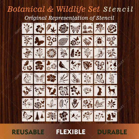 Pack of 64- Mini Floral & Nature Stencil Pack Bundle for Wall, Wood, Fabric & Craft Art – Botanical Multi Design Set – ID# 716