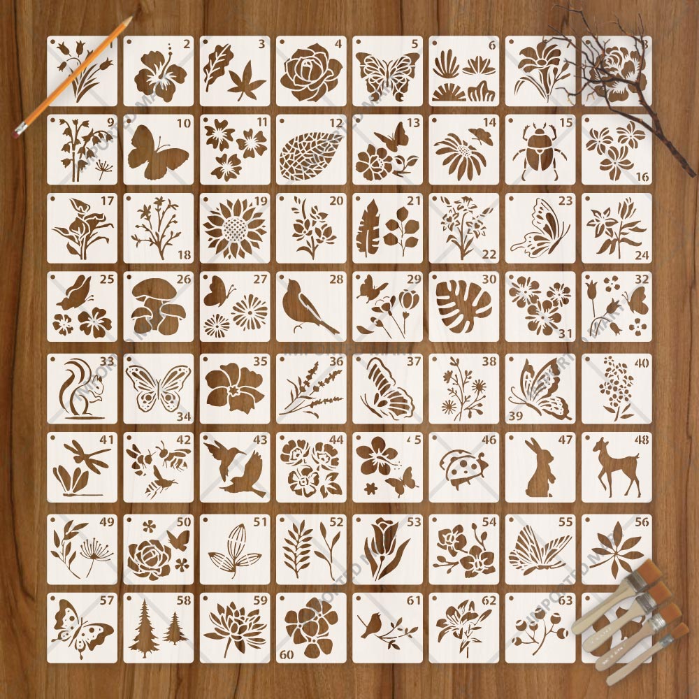 Pack of 64- Mini Floral & Nature Stencil Pack Bundle for Wall, Wood, Fabric & Craft Art – Botanical Multi Design Set – ID# 716