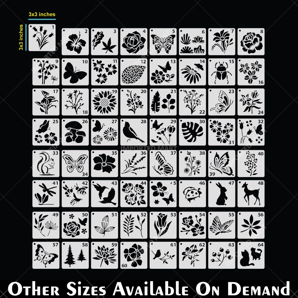 Pack of 64- Mini Floral & Nature Stencil Pack Bundle for Wall, Wood, Fabric & Craft Art – Botanical Multi Design Set – ID# 716