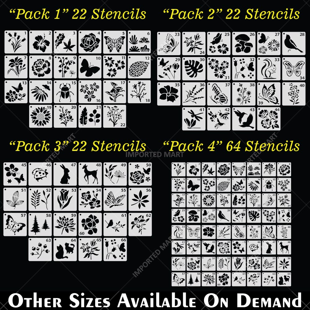 Pack of 64- Mini Floral & Nature Stencil Pack Bundle for Wall, Wood, Fabric & Craft Art – Botanical Multi Design Set – ID# 716