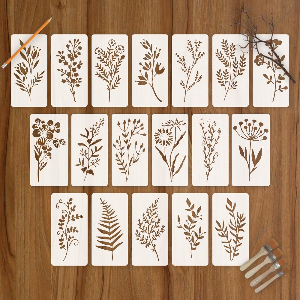 18 Flowers Botanical Stencil Set for Wall, Wood & Fabric Art – Floral Leaf Pattern Design – Multi Pack Bundle – ID# 87