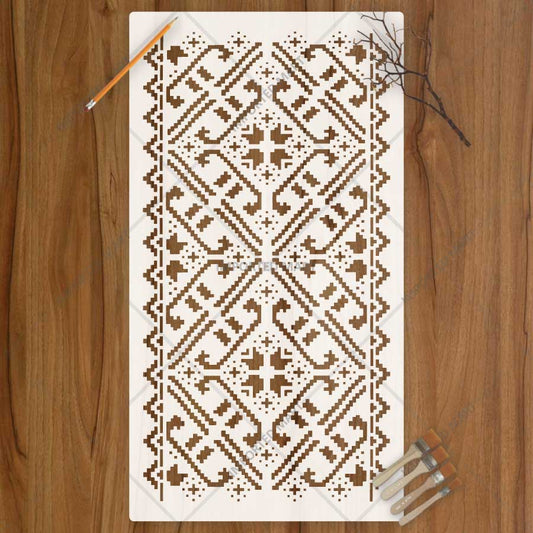 Geometric Folk Pattern Stencil for Wall, Floor & Furniture Décor – Ethnic Border Design – ID# 722