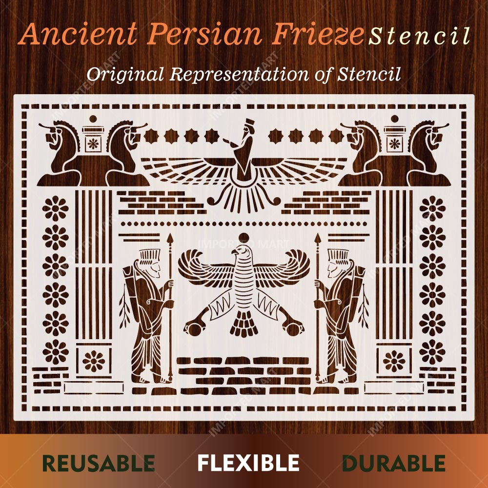 Ancient Persian Frieze Stencil for Wall, Furniture & Floor Décor – Royal Achaemenid Eagle & Guard Pattern – ID# 729